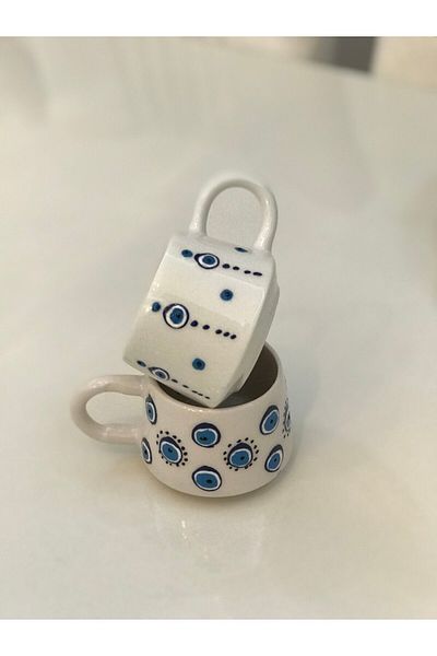 anonim Set of 2 Ceramic Hand Embroidered Evil Eye Beaded Mug Cup