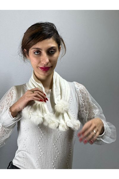 Gönülden Tasarım Eșarfă de damă cu pompon din blană albă - Accesoriu pentru îmbrăcăminte pentru gât 40x10 CM