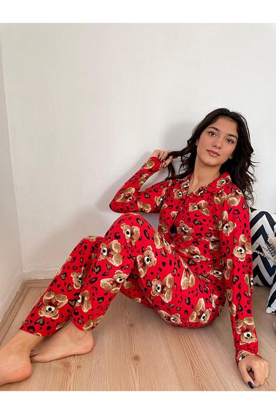 MUSD LİFE Red Teddy Bear Print Jacket Collar Buttoned Pajama Set - Pijamerry