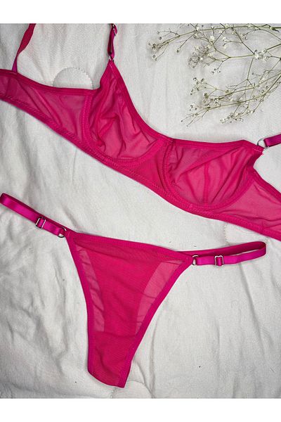 ROZENİN LINGERIE Set sutien fucsia cu sârmă fără cupă din tul (SUTIEN-TANGA)