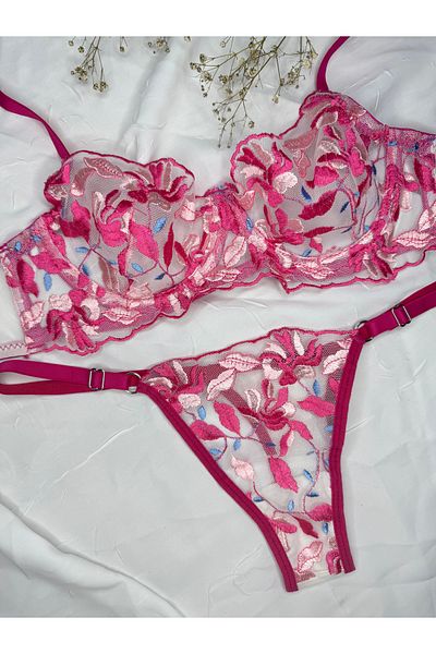 ROZENİN LINGERIE Set sutien din tul fără cupă cu sârmă florală fucsia (SUTIEN TANGA)