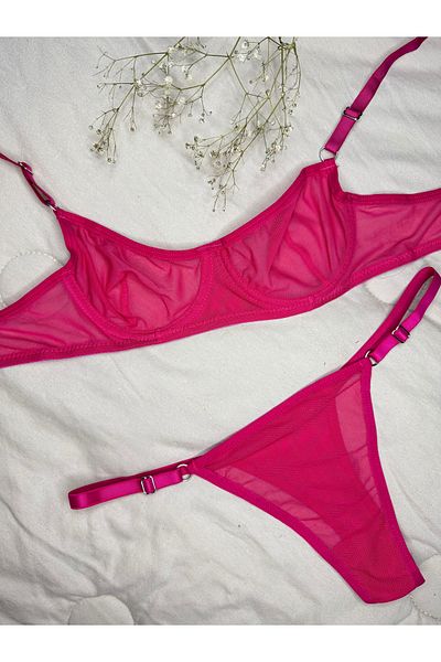 ROZENİN LINGERIE Set sutien fucsia cu sârmă fără cupă din tul (SUTIEN-TANGA)