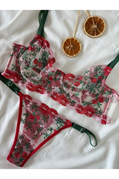 ROZENİN LINGERIE Christmas Gift Red Green Floral Underwire Cupless Tulle Bra Set (Bra Thong)
