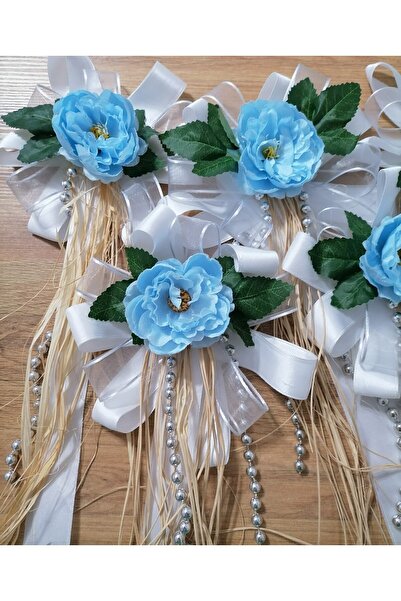 EL YAPIMI GELİN DAMAT BOHÇA SÜSÜ BEYAZ TÜLLÜ MAVİ ÇİÇEK