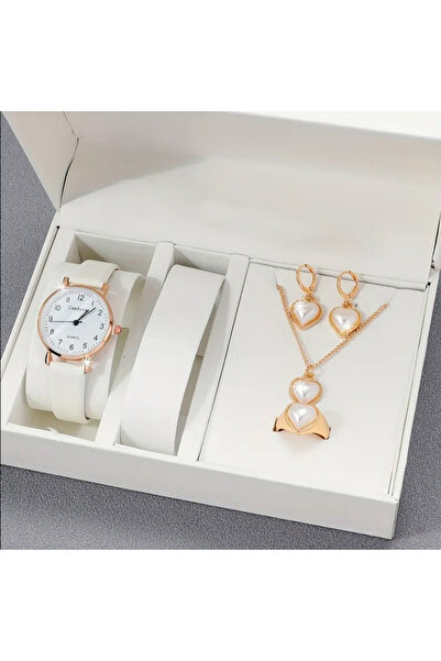 Geneva 5'li Kadın Saat, Yüzük, Kolye, Küpe Seti Kuvars