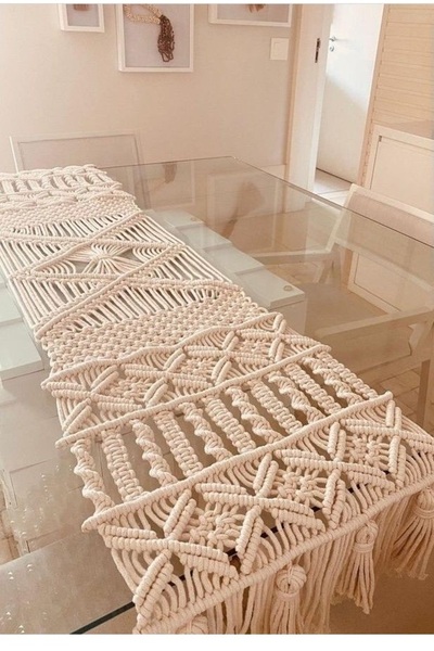 SuMavisi El Yapımı Makrome Masa Örtüsü / El Örgüsü Runner / Sehpa Örtüsü