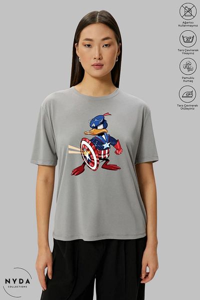 New Shine Μπλουζάκι με κοντό μανίκι Unisex με λαιμόκοψη Donald Duck Captain America με στάμπα από βαμβάκι