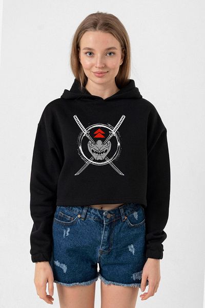 Tshirthane Ghost of Tsushima - Black Women's Crop Hooded Samurai Mask