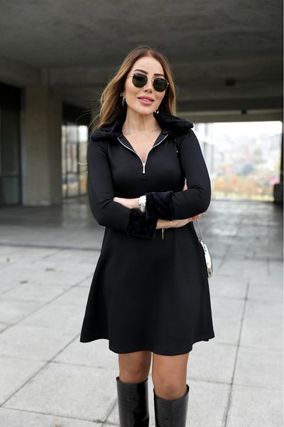 Modayakamoz Noul sezon pentru femei decolteu și mâneci blană detaliu fermoar decoltat mini rochie neagră colecție de Crăciun