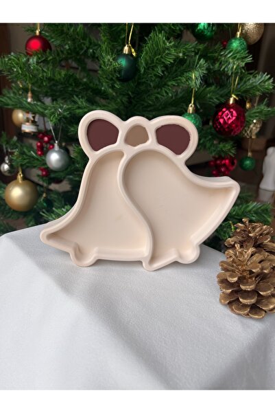 Dekoratif Beton Krem Kahve Gold Renk Yılbaşı Noel Çan Tabak, Mum Altlığı, Takı Tabağı