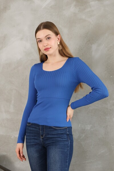 LUQAJ Women's Lycra Corded Blue Long Sleeve Gathering Knitwear Sweater