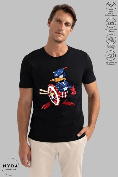 New Shine Μπλουζάκι με κοντό μανίκι Unisex με λαιμόκοψη Donald Duck Captain America με στάμπα από βαμβάκι