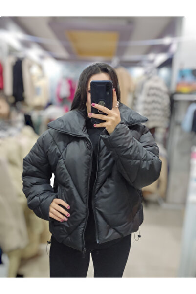 Sublime Butik Palton puf cu șireturi în talie cu model diamant negru pentru f...
