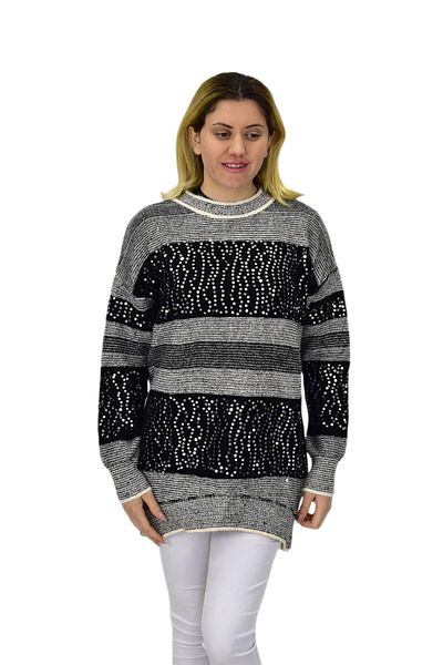 Nefise Pulover oversize cu dungi cu paiete pentru femei 7592 BGL-ST04076