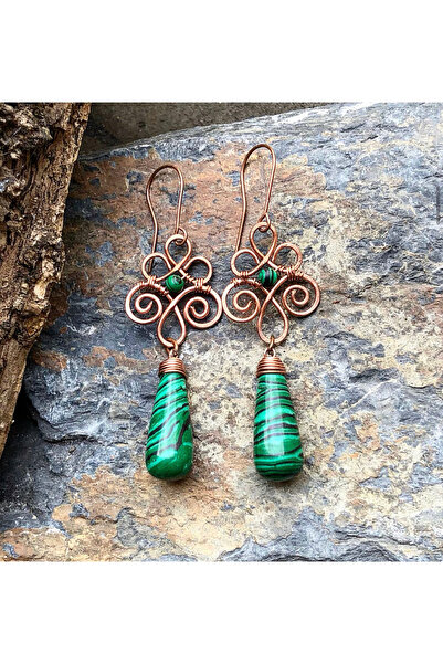 MODA El yapımı bakır tel sarma malakit doğal taşlı küpe
