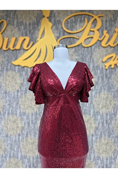 MODA Kırmızı Kolları Volanlı Pullu V Yaka Arkası Kuyruklu Abiye Elbise