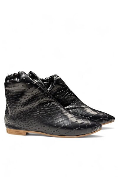 Melissa Boutique Kadın Siyah Cilt Timsah Deri Desenli Lastikli Streç Bot