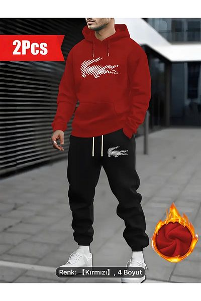 Minikelya Colorfast Pile-Proof Knitted Fabric New Trend Model Printed Kangaroo Tracksuit Set