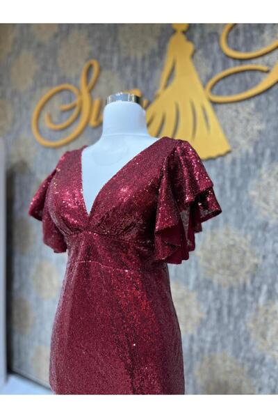 MODA Kırmızı Kolları Volanlı Pullu V Yaka Arkası Kuyruklu Abiye Elbise