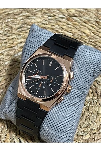 Brality Men's Watch - Rose Color Steel Band, Black Dial - 6057