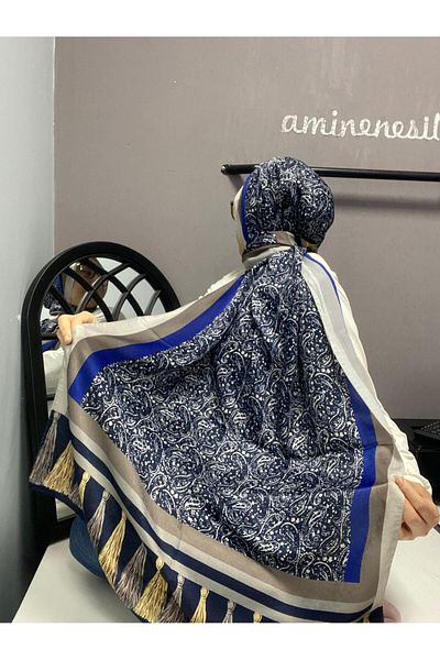 AMİNENESİL Cardion Premium Amminenesil Shawl - Ethnic Pattern, Saks Navy Blue Color