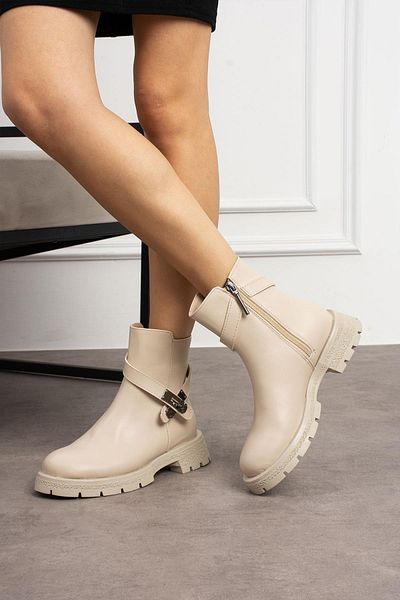 ShoeTek Μπεζ δερμάτινες γυναικείες μπότες Lassi - με φερμουάρ και αγκράφα