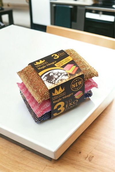 Fine Clean Dish Scrubbing Sponge 3 Pack Metallic Scourer, Wire Sponge
