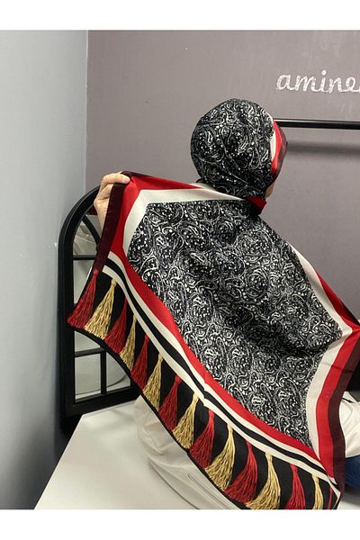 AMİNENESİL Aminenesil Cardion Premium Ethnic Pattern Σάλι Μαύρο Κόκκινο Χρώμα