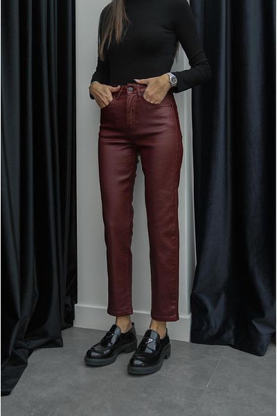 Havoş Claret Red Waxy Fit Mom Jean