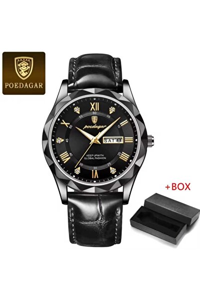 POEDAGAR Lüks Deri Kordon Takvim ve Gün fonksiyonlu Su Geçirmez Erkek Kol Saati