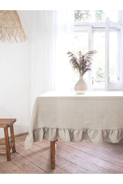 HOME ART ATELIER hand made مفرش طاولة كلاسيكي مكشكش طبيعي - سلسلة من الكتان الناعم