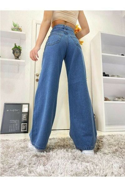 geenz manifacture Παντελόνι Ragazza 90's Mid Blue Lycra Palazzo Loose Leg Super ψηλόμεσο τζιν
