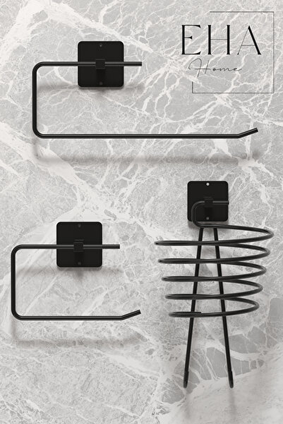 EHA HOME Yapışkanlı Vidalı 3 lü  Siyah Fön Makinesi Askısı rulo kağıt havlulu...