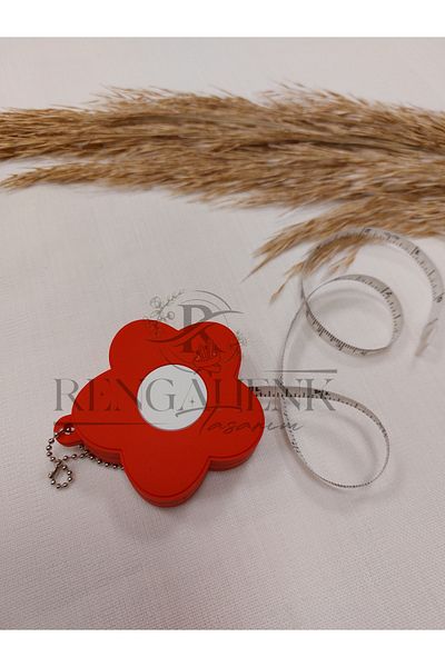 Rengahenk Tasarım Red Color Flower Motif Automatic Tape Measure Silicone Coating