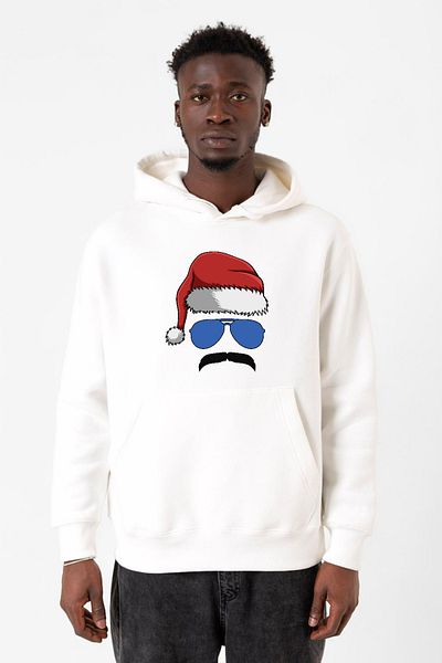 Tshirthane Μουστάκι Christmas Hero White Ανδρικό φούτερ με κουκούλα 3 κορδονιών