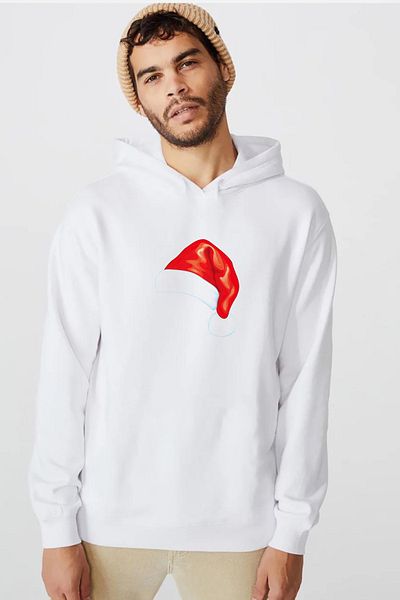 Tshirthane Ακουαρέλα Χριστουγεννιάτικο Καπέλο Λευκό Ανδρικό φούτερ με κουκούλα 3 κορδονιών
