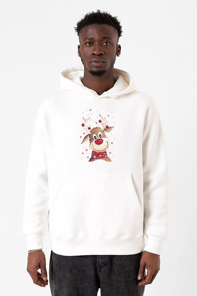 Tshirthane Ανδρικό φούτερ με κουκούλα 3 κορδονιών ακουαρέλα Χριστουγεννιάτικο Deer White