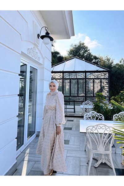 DİSE Kadın Saten Bej Rüya Tesettür Abiye,elbise,mezuniyet,balo,gece Elbisesi