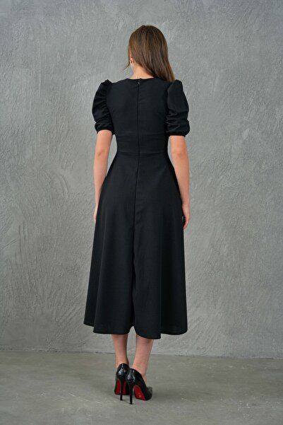 bayansepeti Strechy υφασμάτινο μανίκι με μπαλόνι με στρογγυλή λαιμόκοψη Midi μήκους φουσκωτό μαύρο βραδινό φόρεμα Homecoming φόρεμα 092