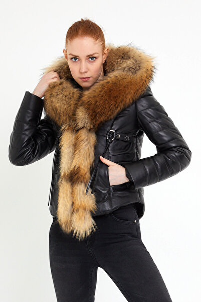 nero leather fur Dikiş Detaylı Kapüşon Kadın Deri Ceket