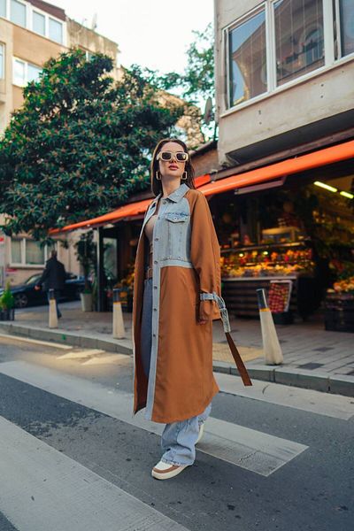 Molly Nelly Women's Denim Detailed Camel Trench Coat