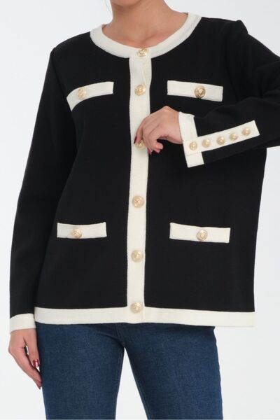 trikobis Gold Button Detail Bands Intersy Steel Knitted Wool Knitwear Cardigan