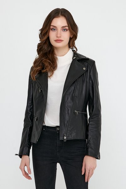 nero leather fur Spor Tarz Kadın Deri Ceket (Slim Fit)