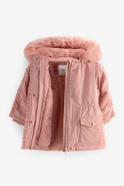Next Baby Pink Water Resistant Girl's Winter Parka Coat with Pockets
