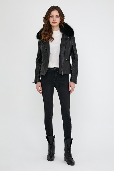 nero leather fur Spor Tarz Kadın Deri Ceket (Slim Fit) Yaka Çıkma Kürklü
