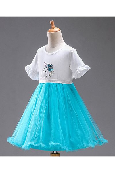 Babyhug Babyhug Half Sleeves Frock Unicorn Sequined - Aqua