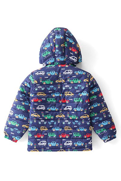 Babyhug Babyhug Woven Full Sleeves Padded Hooded Jacket with Car Print - Navy Blue