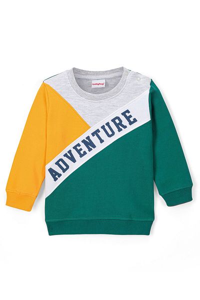 Babyhug Babyhug Cotton Knit Full Sleeves Cut & Sew Sweatshirt With Text Graphics - Green & Yellow