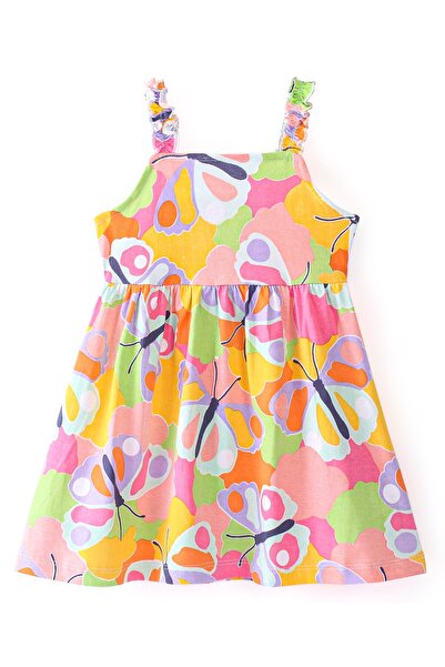 Babyhug Cotton Knit Sleeveless Butterfly Print Frock With Denim Jacket - Multi Color