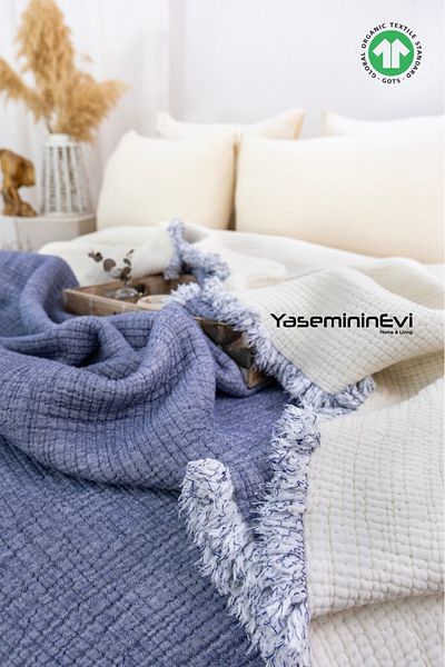 YASEMİNİNEVİ Double Indigo Color 6 Layer Muslin Quilt, Bedspread 220X240Cm